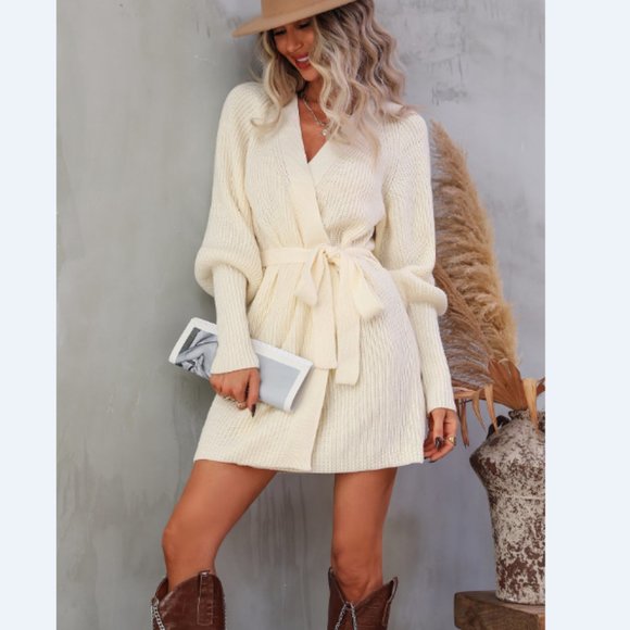 Rib-Knit Lantern Sleeve Belted Sweater Dress - Picture 4 of 16